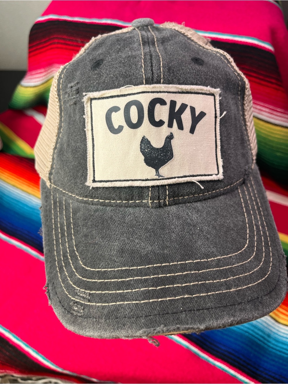 Cocky Chicken Patch Distressed Trucker Hat - Gray